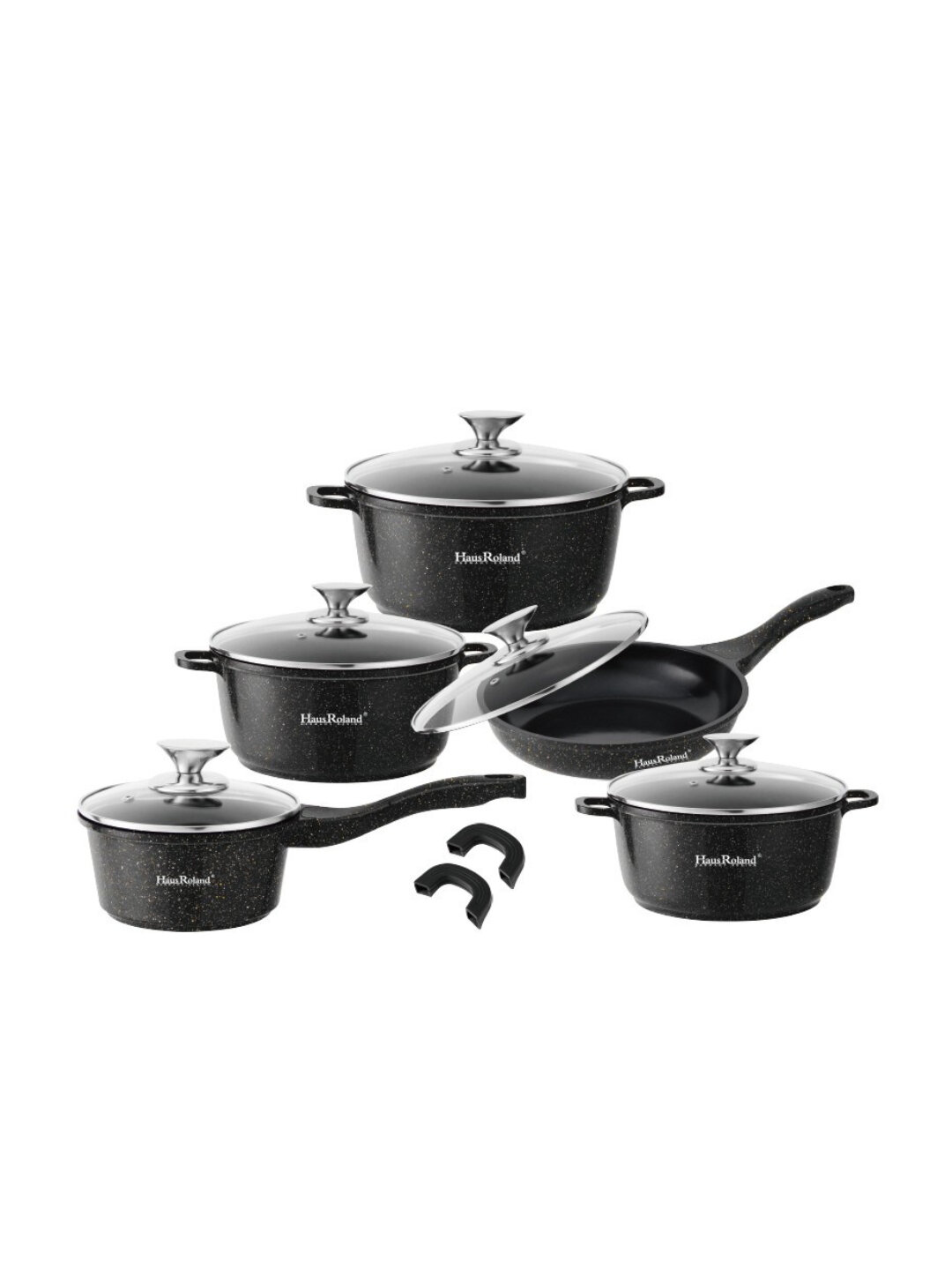 HausRoland Набор посуды 10 пр, гранитное покрытие, стеклянные крышки - Черный