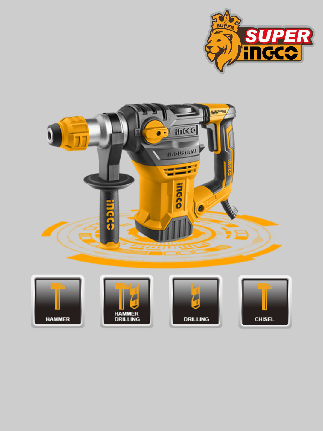 Перфоратор INGCO RH150028, с манометром, угольными щетками с автостопом — фото 1