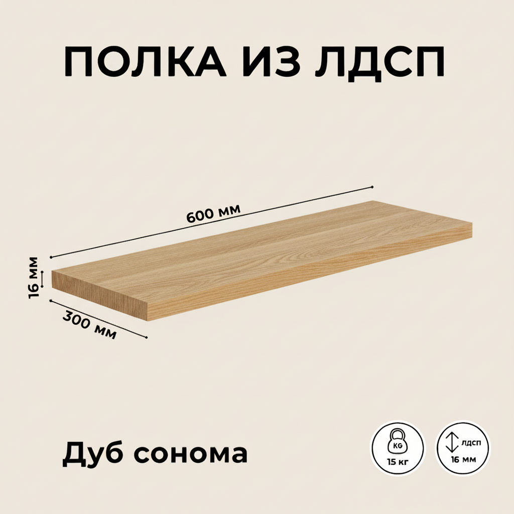 Полка мебельная настенная ЛДСП цвет дуб сонома 60 х 30 х 16 см без крепления