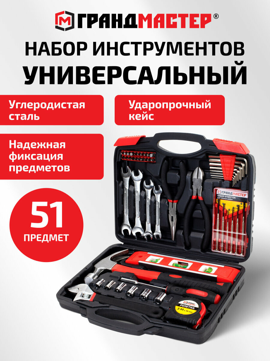 Набор инструментов профессиональный универсальный 51 предмет подарочный в пластиковом кейсе Грандмастер 671333