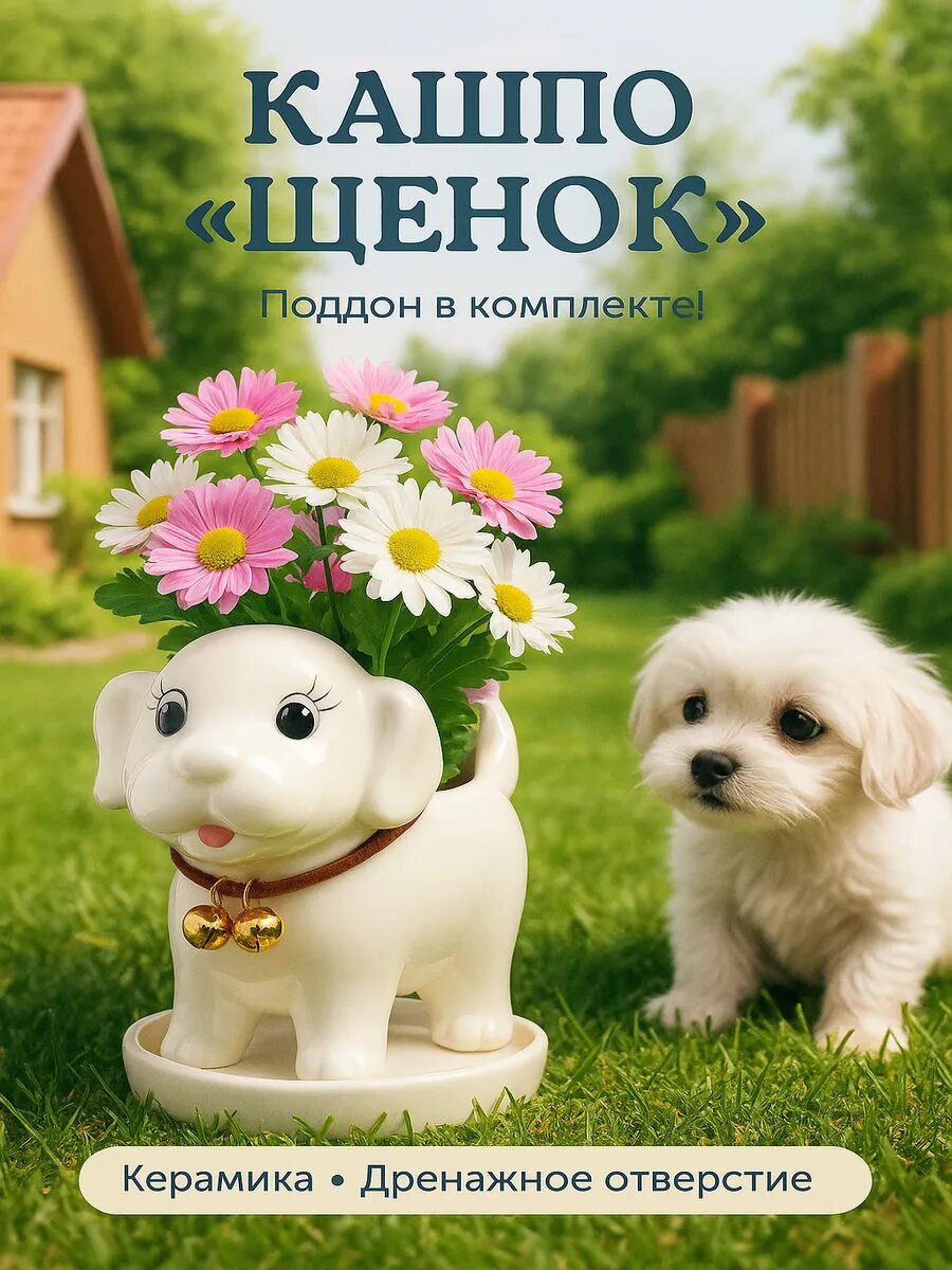 Декоративный горшок для цветов «Щенок» 200 мл 13×7×10 см керамический белый