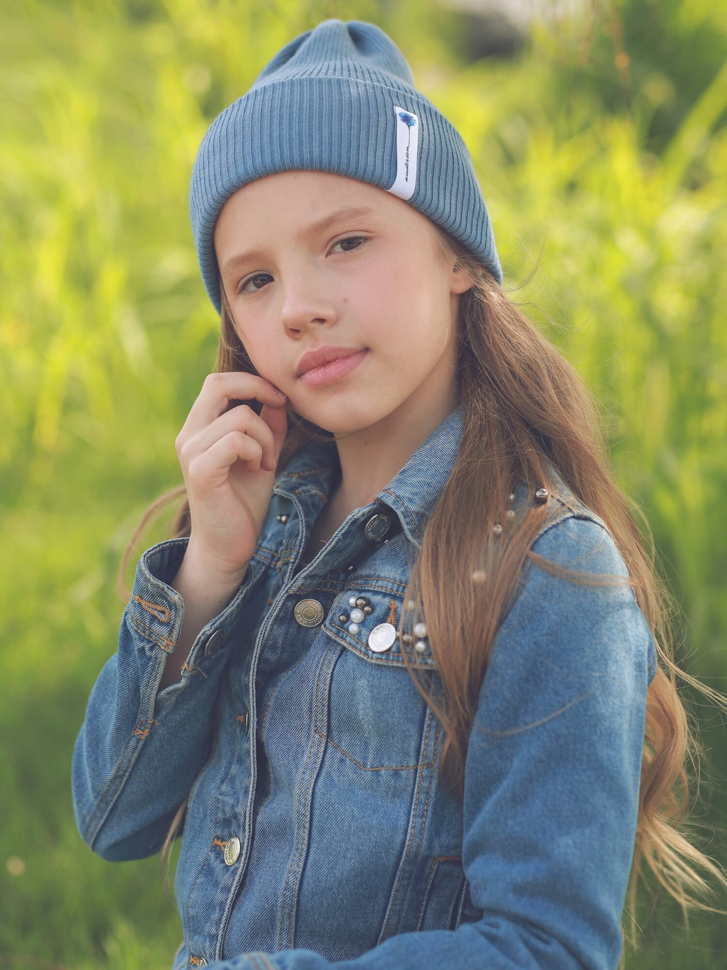 Шапка-бини Андерсен Весна-лето 2024 для девочек, размер 52-54, джинс — фото 1