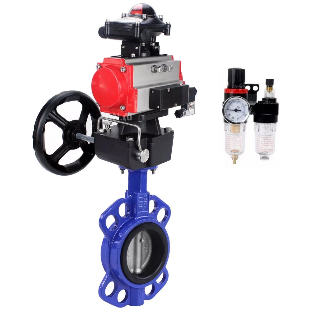 Затвор дисковый поворотный DN.ru WCB-316-EPDM-2W-Fb Ду150 Ру16, корпус - углеродистая сталь WCB, EPDM, с пневмоприводом DA-105, с пневмораспределителем PND1-S2EM-52-2-T10-220VAC, БКВ LSB-410-02ExM12-250, ручным дублером HDM-3, БПВ APU1-10-40-V08