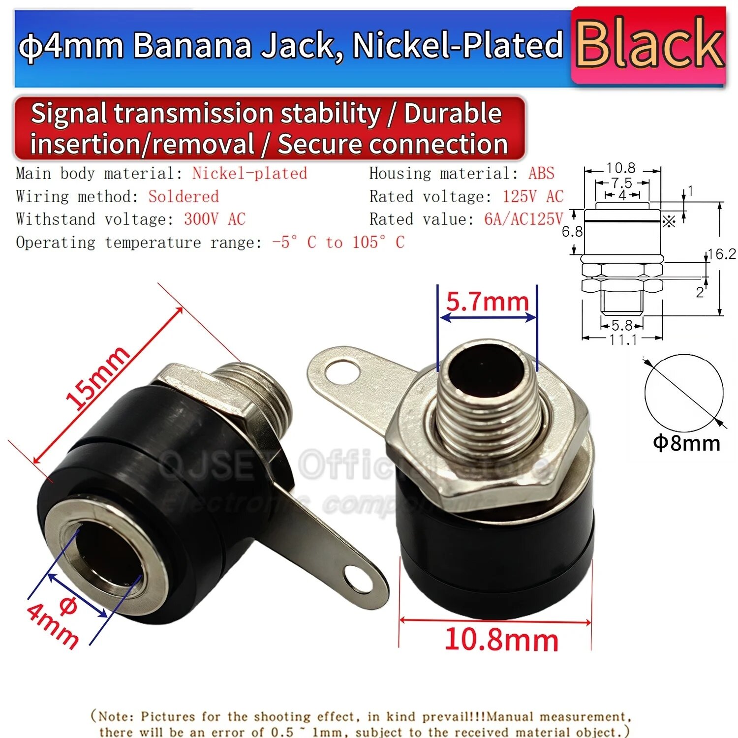 4 мм Banana Jack, Black, Nickel-Plated