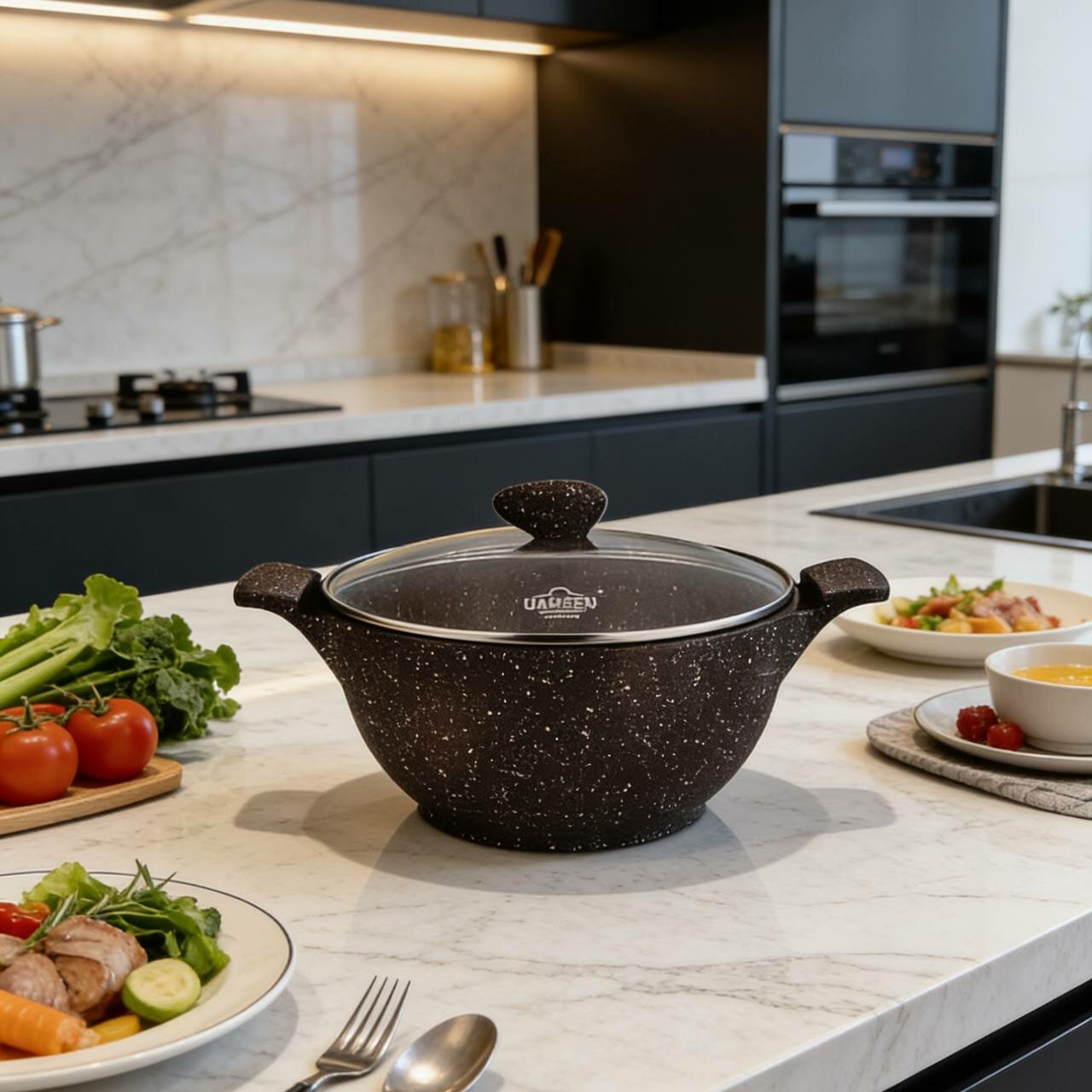 Казан антипригарный с крышкой UAKEEN Casserole, 26/28/30/32/34 см, черная