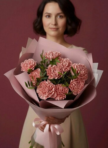 Изображение товара Монобукет диантусы 9шт, в дизайнерской упаковке с зеленью фисташки