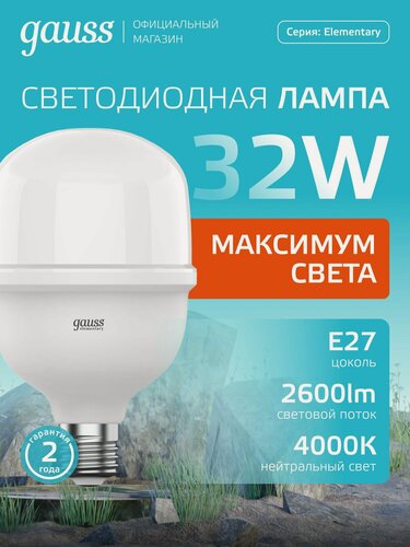 Изображение товара Лампочка светодиодная E27 T100 32W нейтр белый свет 4000K Gauss Elementary
