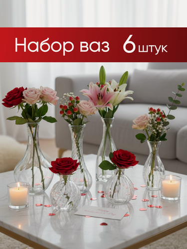 Изображение товара Набор стеклянных Мини ваз для цветов и сухоцветов Solmax 6 шт, Ваза интерьерная, декоративная, для декора, украшения