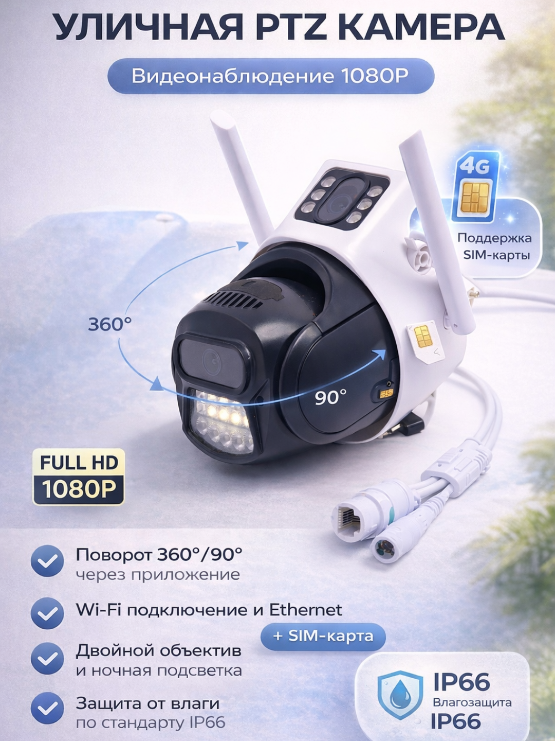 Уличная PTZ камера видеонаблюдения с SIM-картой, Dual Lens, 360°, ночное видение