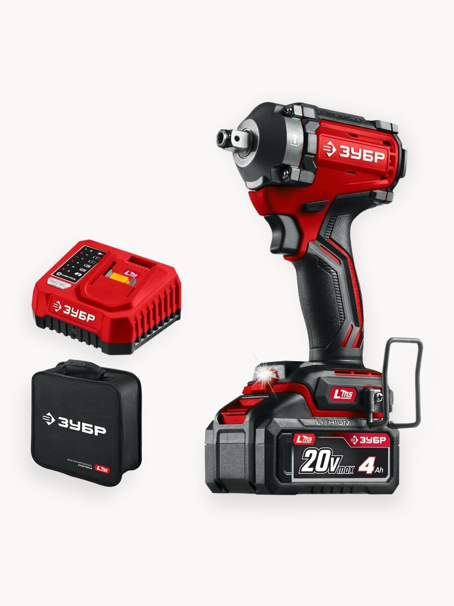ЗУБР 20 В, 350 Н·м, 1 АКБ LMS (4 А·ч), бесщеточный ударный гайковерт, сумка (ГБУ-350-41)