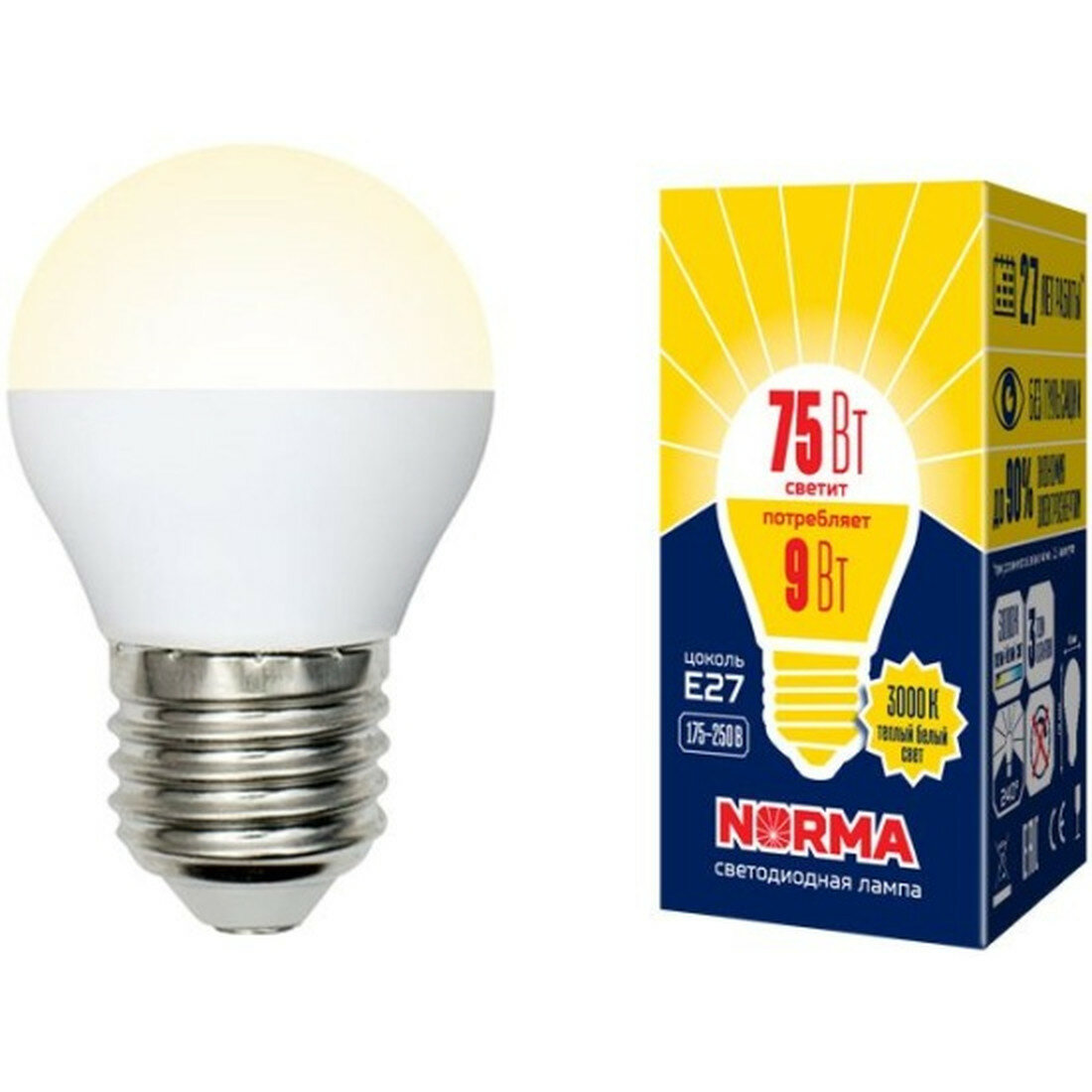 Лампа Volpe LED-G45-9W E27 750лм 9Вт 25000ч теплый свет