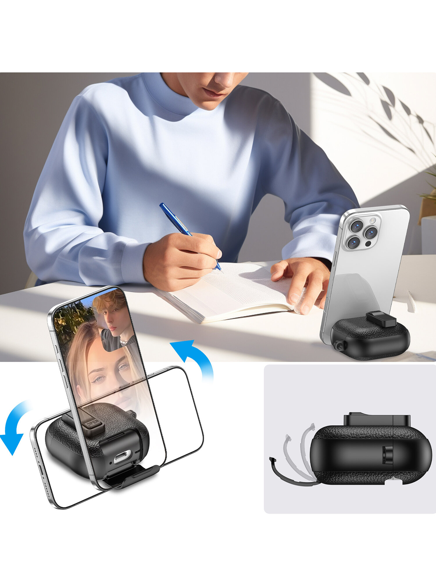 Чехол для наушников AirPods 4 (2024) пластик + эко кожа с замком и карабином + черная щетка, черный — фото 1