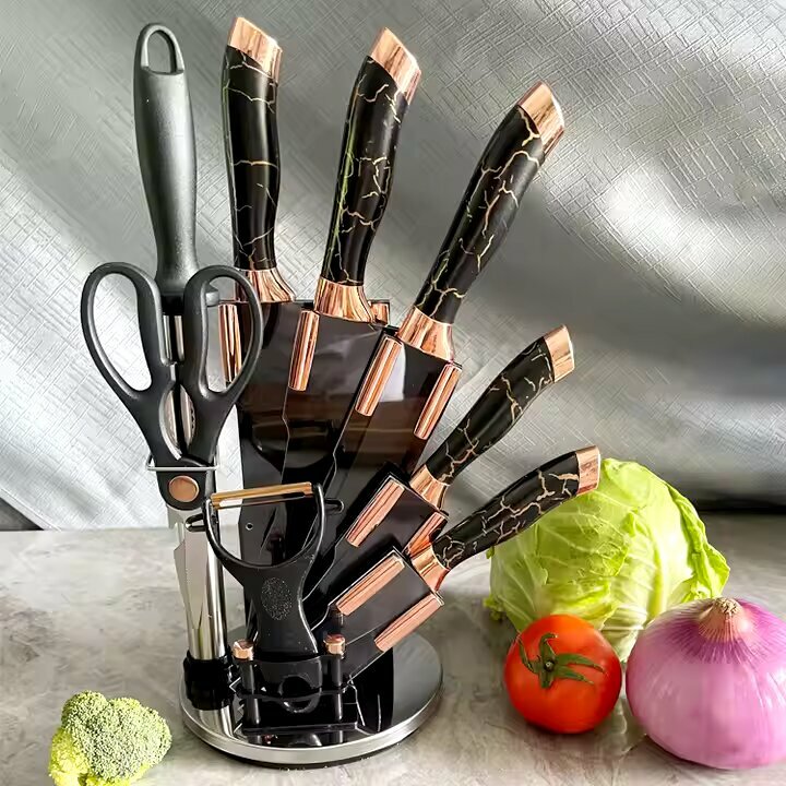 Набор кухонных ножей из 9 предметов на подставке , набор кухонных принадлежностей.