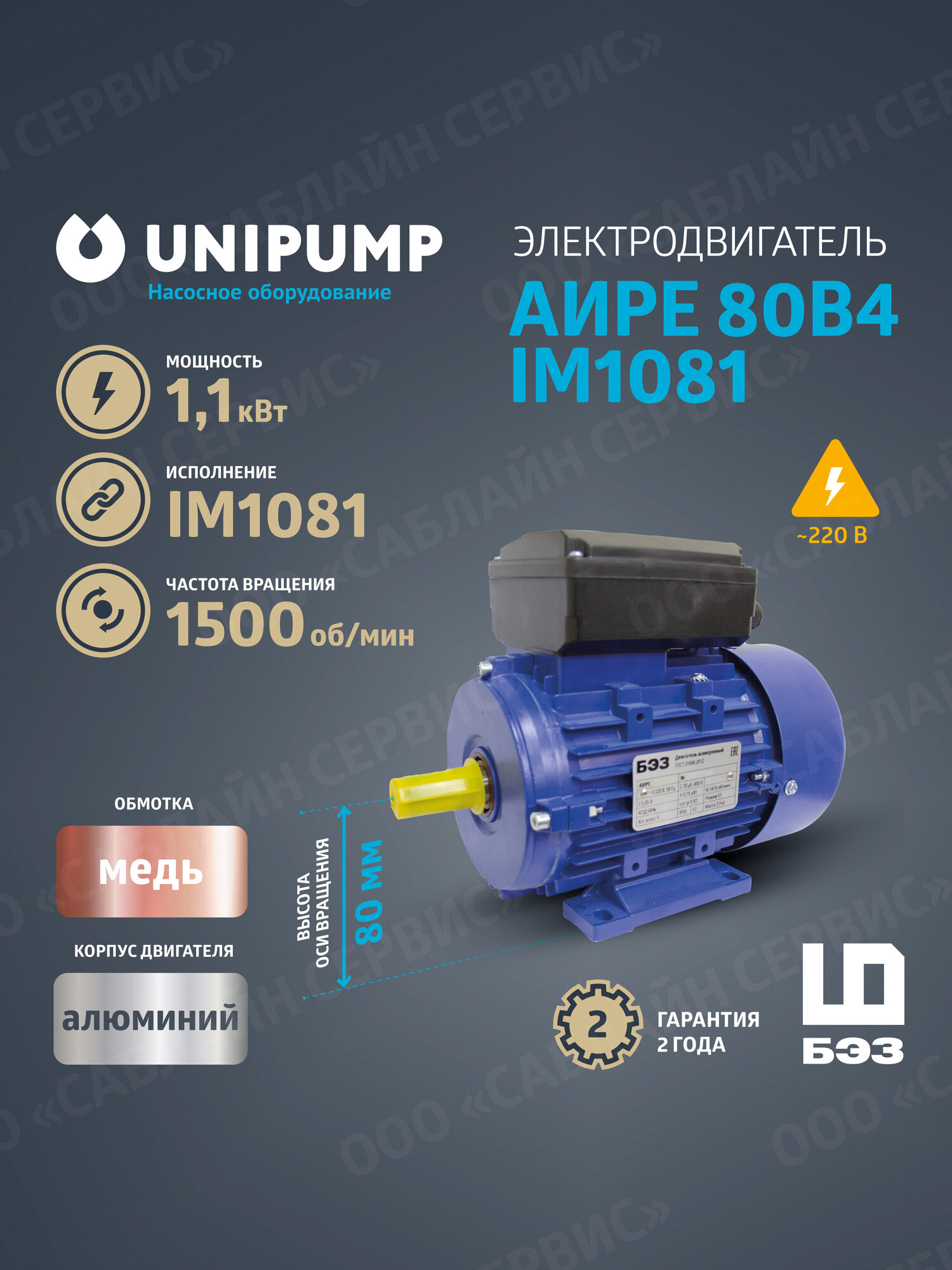 Электродвигатель 220В аире 80B4 IM1081 (1,1 кВт/1500 об/мин)