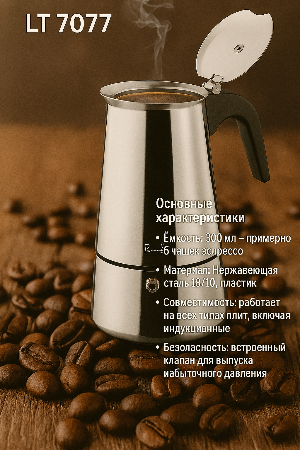 Кофеварка кофе Lamart "KAFFE" LT7077, нержавеющая сталь, на 6 порций, 300 мл