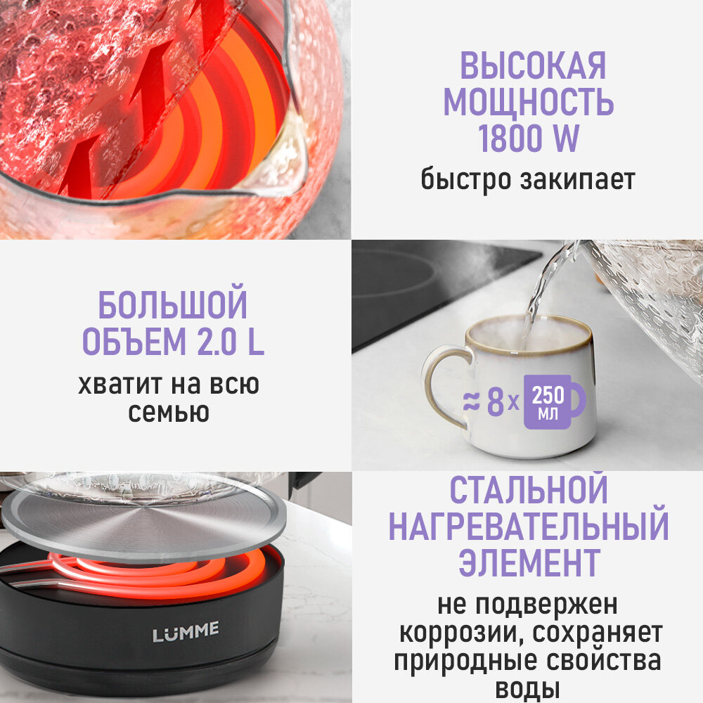 Электрический чайник LUMME LU-KT4117A черный жемчуг стеклянный с подсветкой 2 л — фото 1