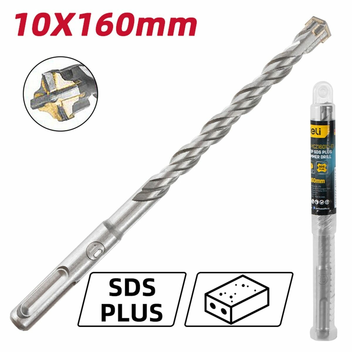 Бур по бетону Х-тип 10х160мм SDS Plus Deli DH-YCZ16010-E1 в пластиковой тубе