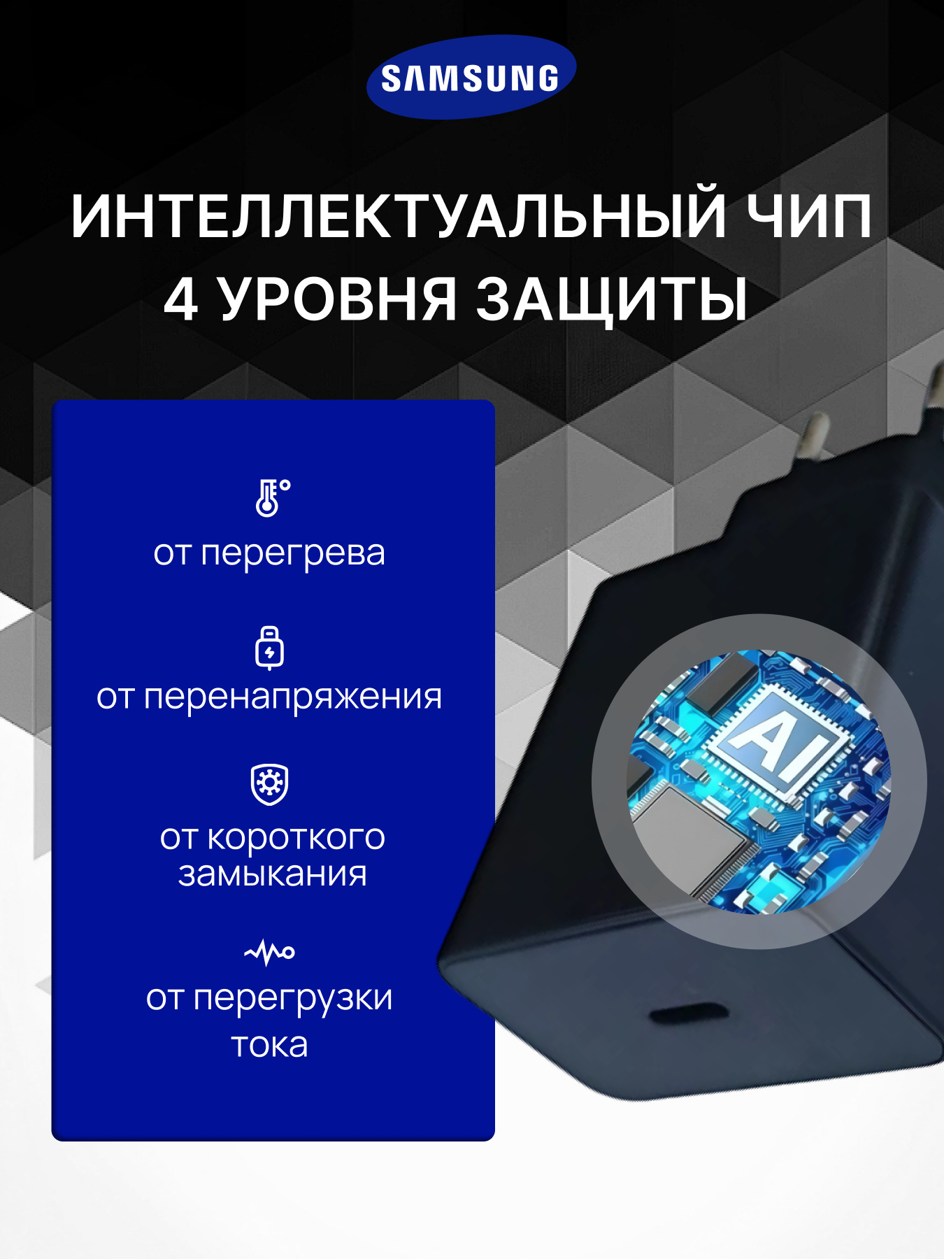 Зарядное устройство для телефона Samsung 45W с проводом 1.8 метра TYPE-C Черный — фото 1