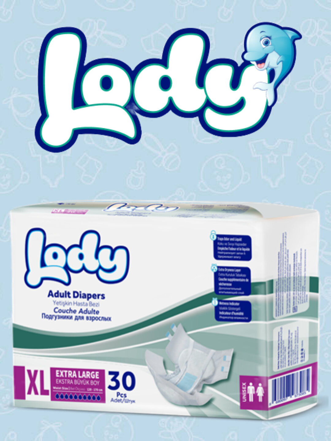 Lody подгузники для взрослых M, L, XL 30 шт Большая упаковка