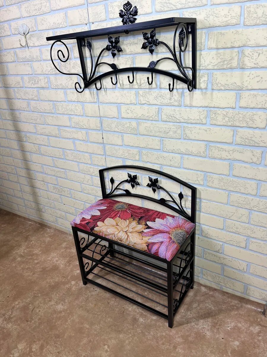 Кованая прихожая, вешалка + банкетка, Студия кованой мебели Нива, цвет амарантовый — фото 1