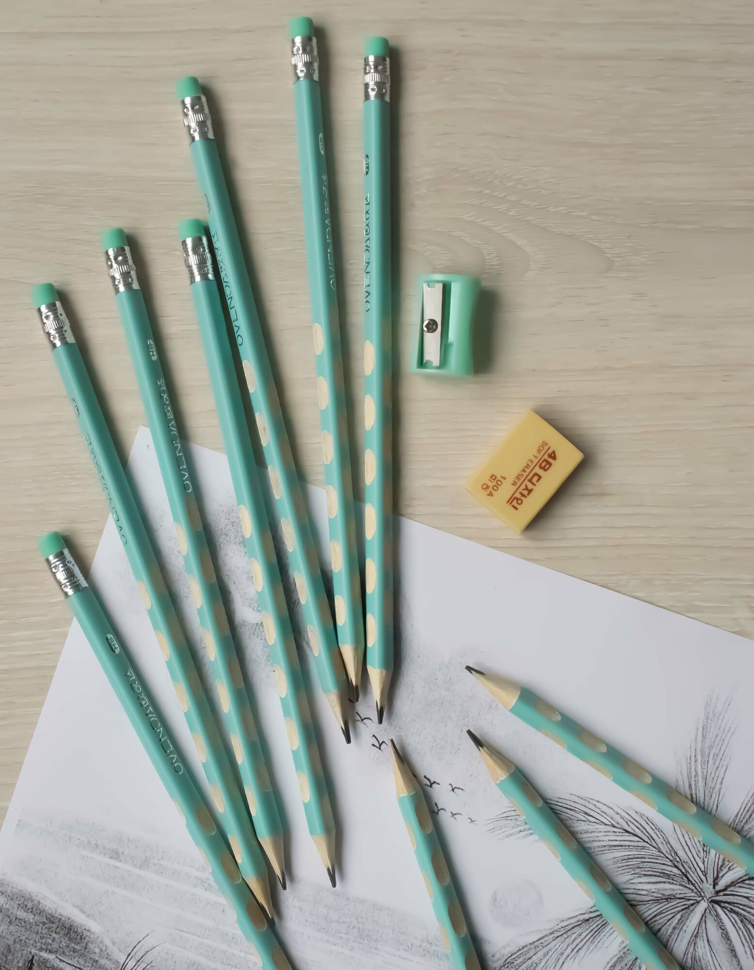 Карандаши простые чернографитные для школы ТМ/HB с ластиками и точилкой набор 10 штук заточенные — фото 1