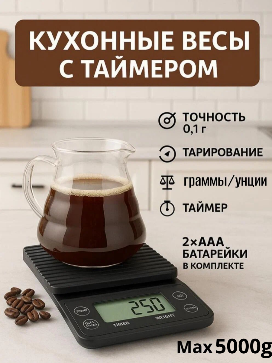 Весы кухонные электронные 5кг с таймером/ Кухонные весы электронные 5кг подсветка таймер тарирование/ Весы бариста