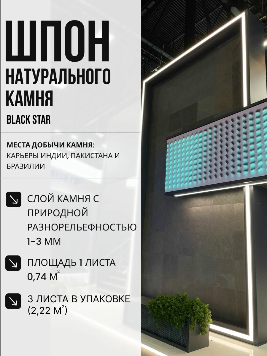 Каменный шпон Samplestone Black Star  стеновая панель из натурального камня  сланец  для отделки стен  122x61 см  3 шт 