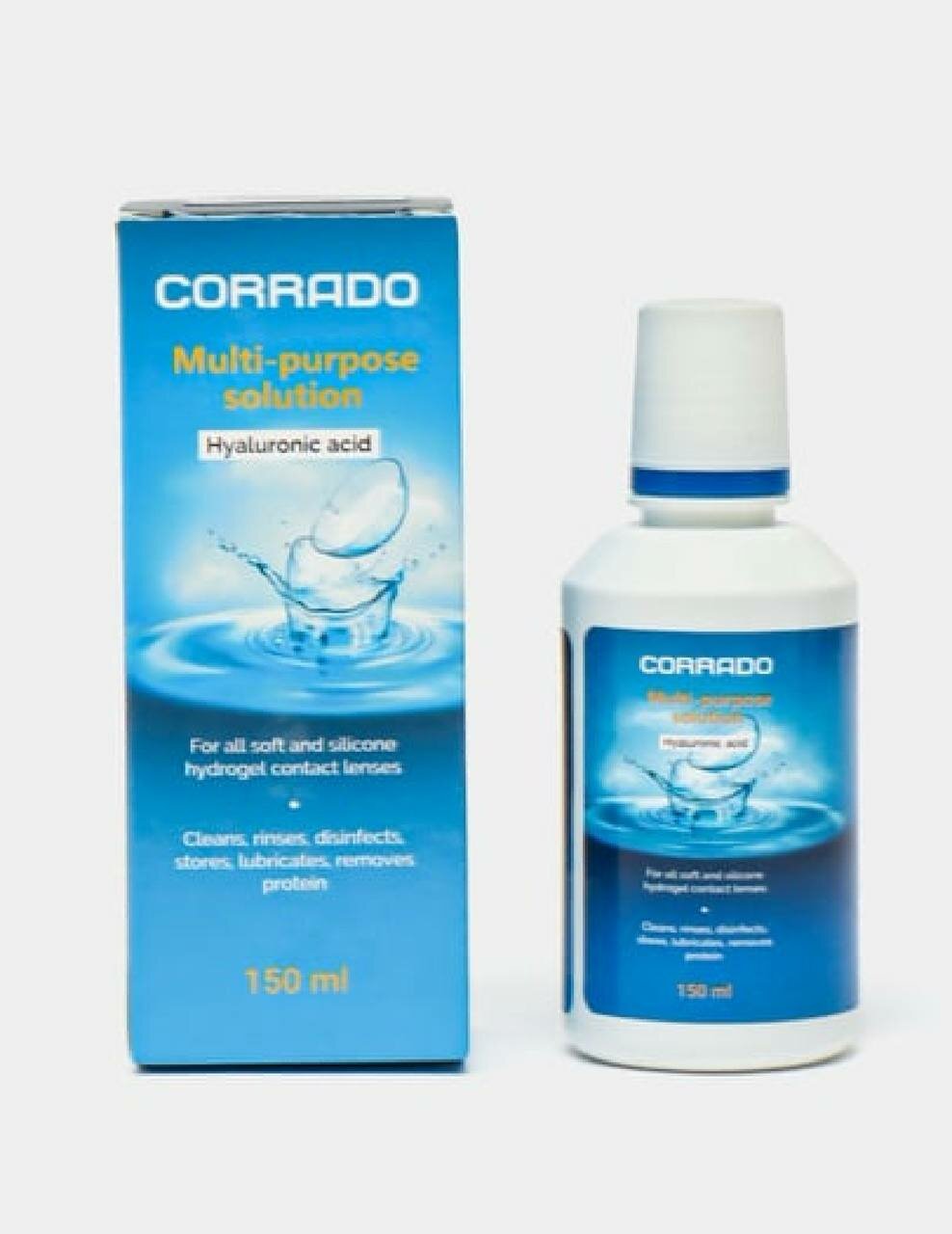 Раствор для линз CORRADO 150ml Для всех мягких и силикон-гидрогелевых контактных линз Очищает, ополаскивает, дезинфицирует, сохраняет, смазывает, удаляет протеиновые отложения