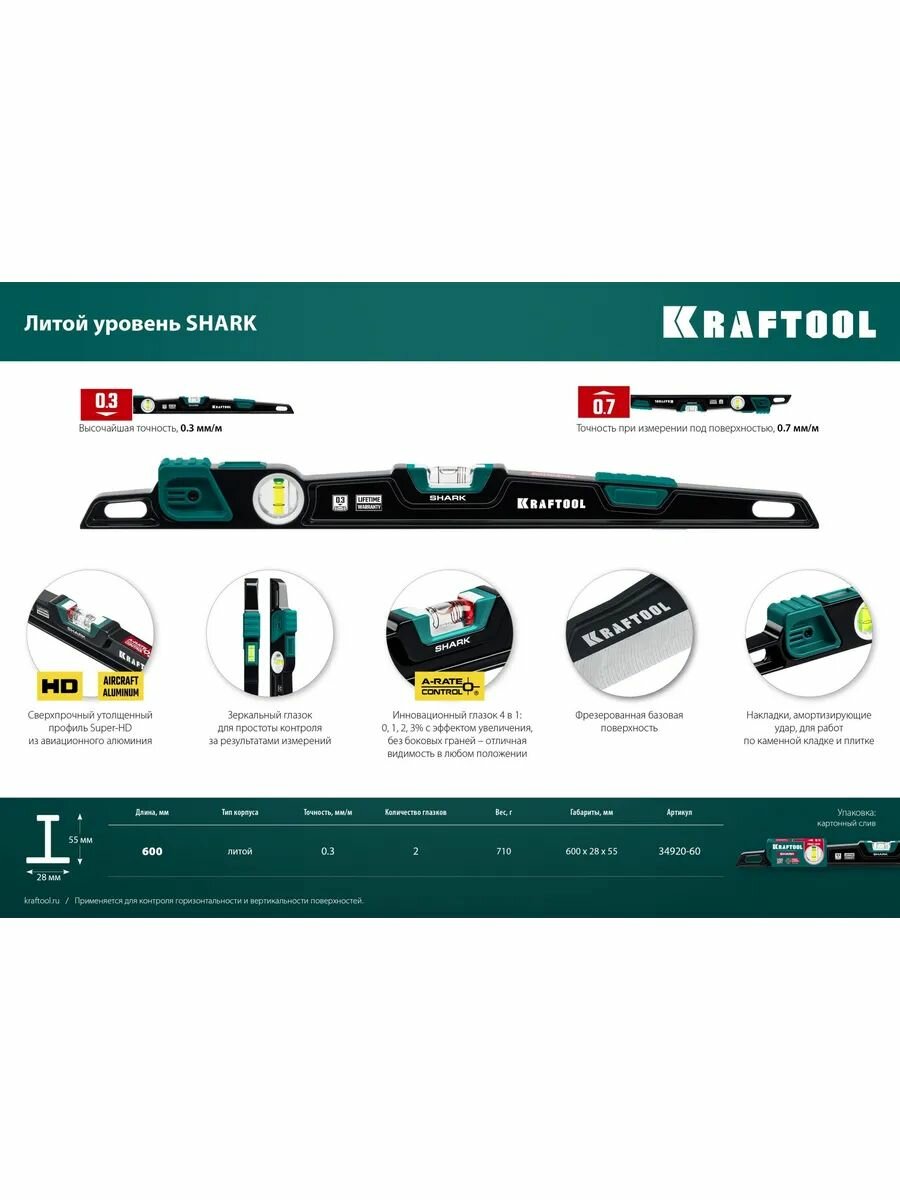 KRAFTOOL A-RATE CONTROL Shark, 600 мм, литой уровень — фото 1