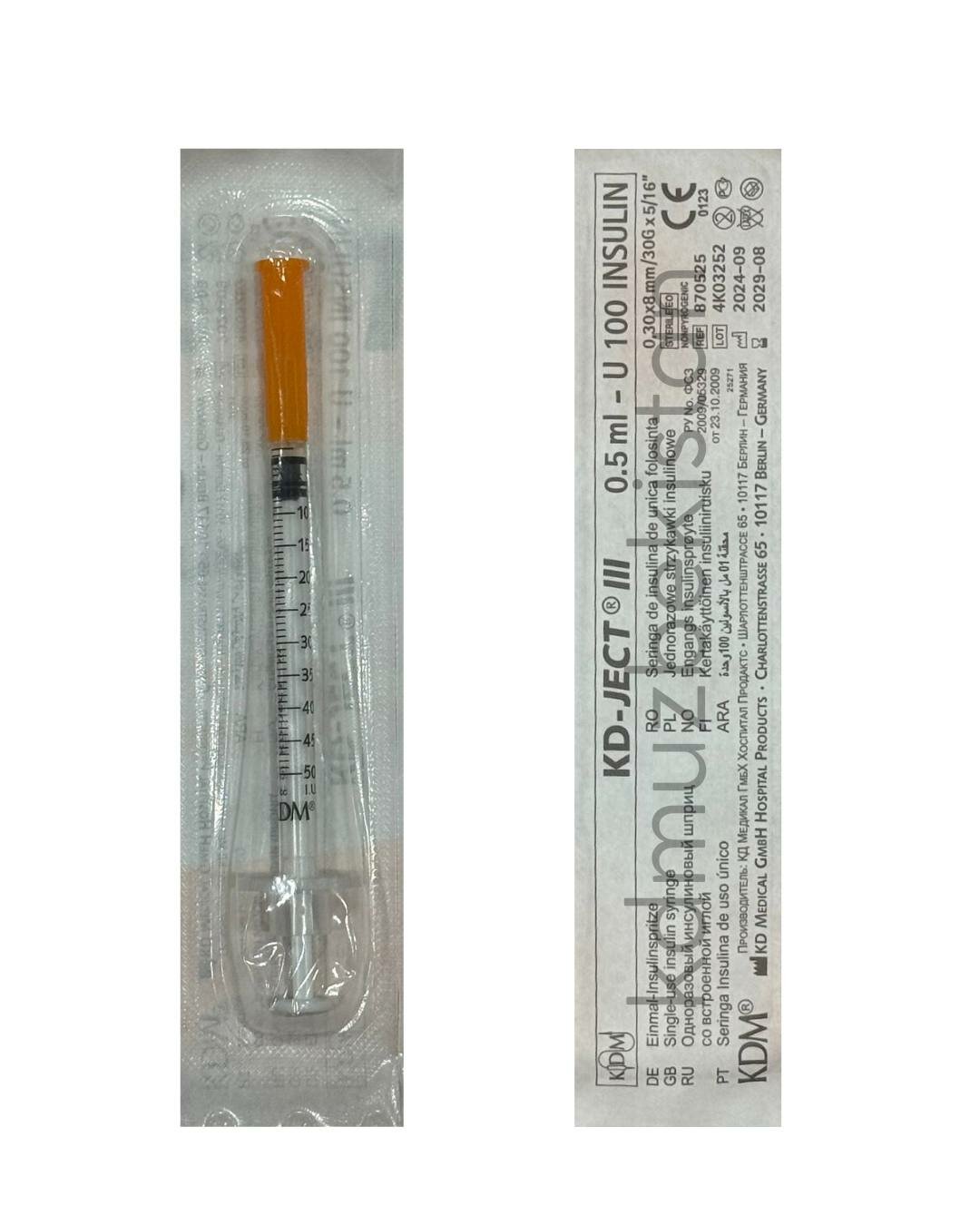Шприц инсулиновый KDM KD-JECT III 0.5 мл, U100, 0.30x8mm, 30G, 5/16 — фото 1