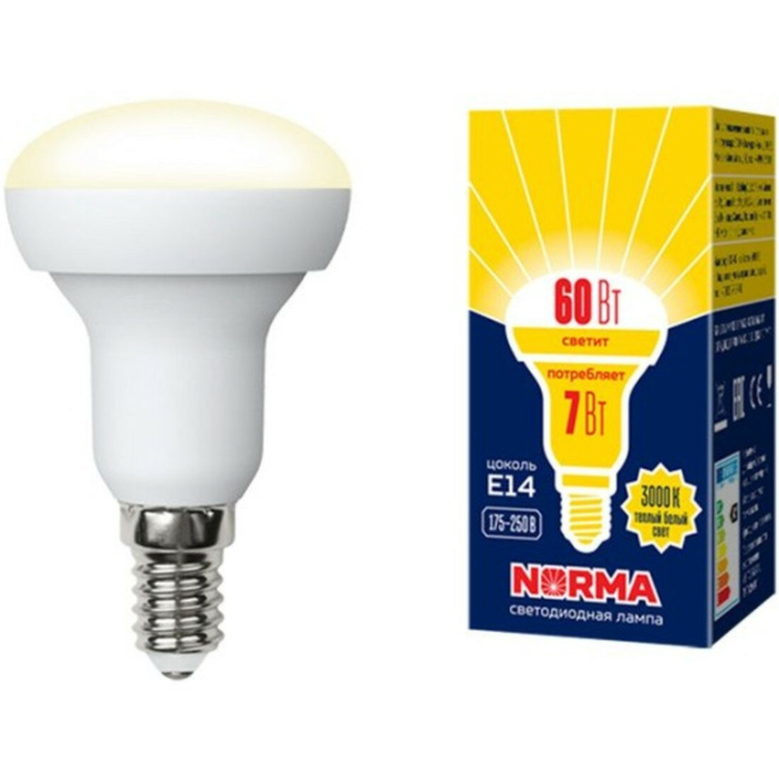 Лампа Volpe LED-R50-7W E14 теплый свет 600лм 7Вт срок службы 25000ч