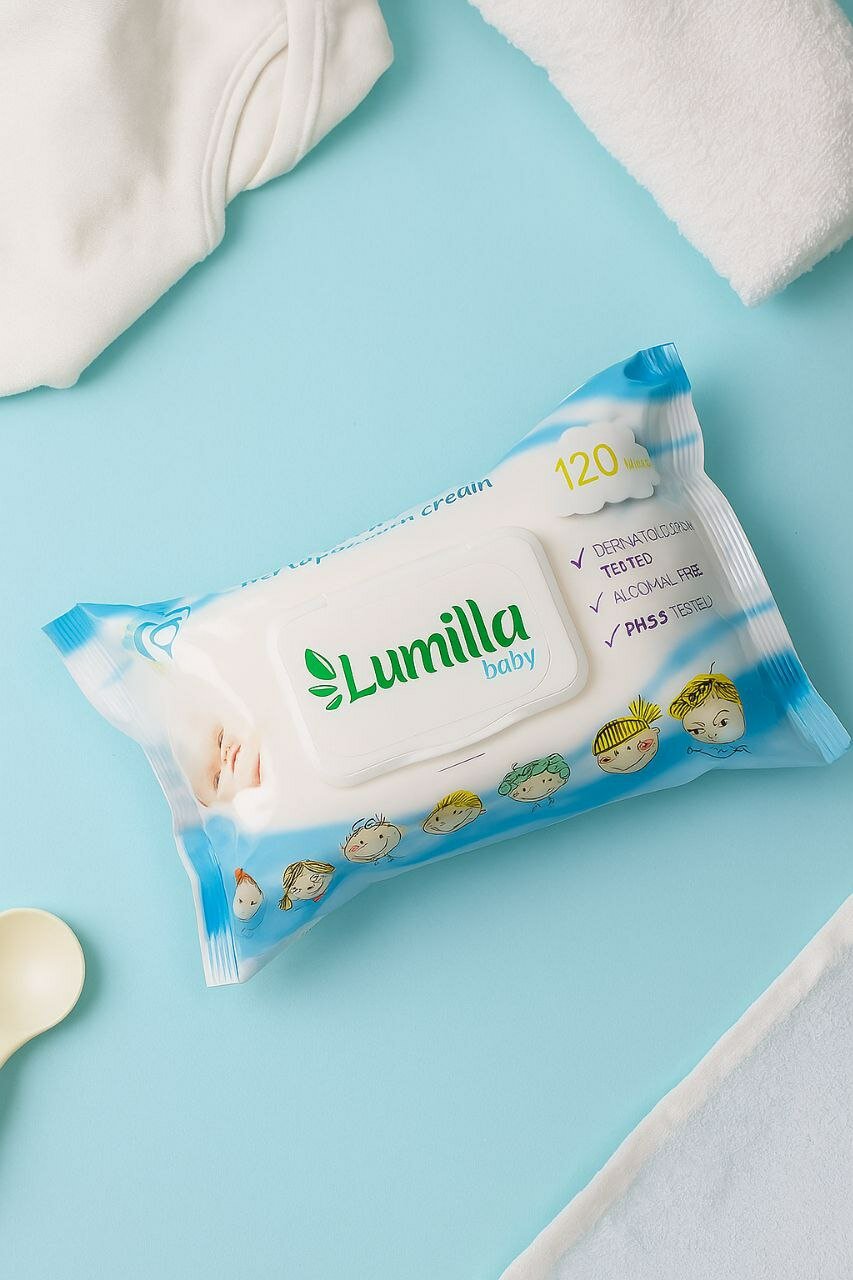 Влажные салфетки Lumilla baby krem, гипоаллергенные, большая упаковка 120 штук