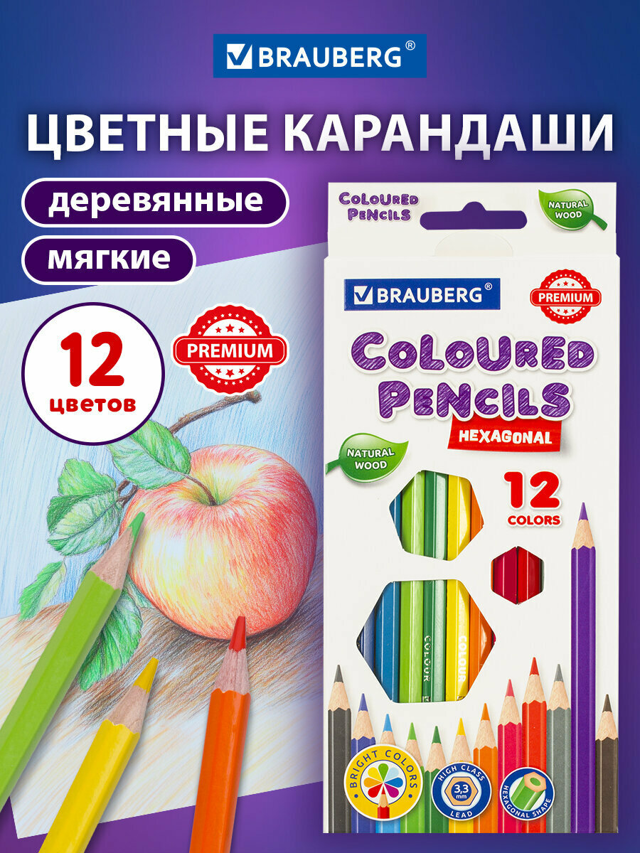 Карандаши деревянные цветные для рисования Brauberg Premium 12 цветов шестигранные грифель мягкий 33 мм натуральное дерево 181656