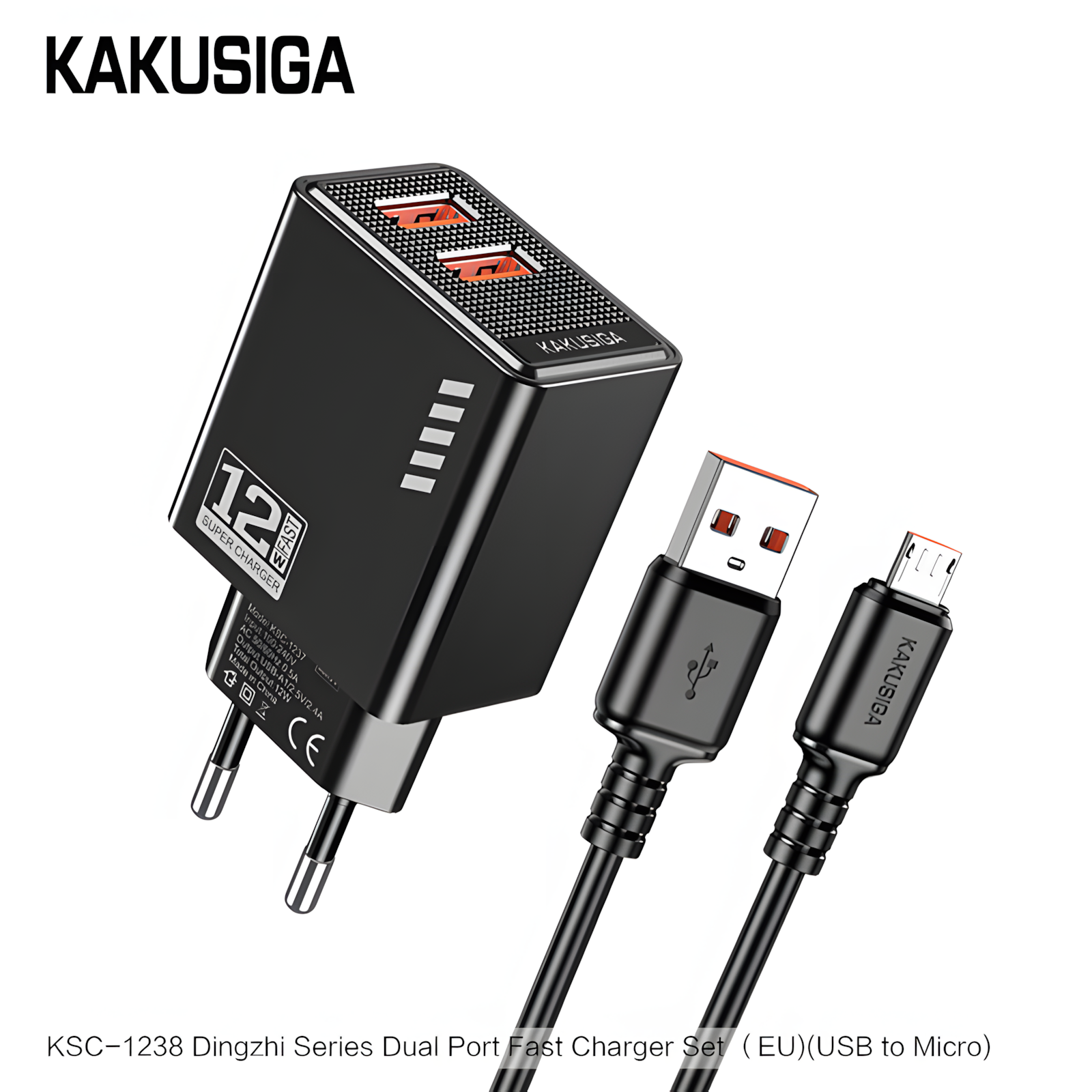 Сетевое зарядное устройство KAKUSIGA KSC-1238 с кабелем Micro USB, черное