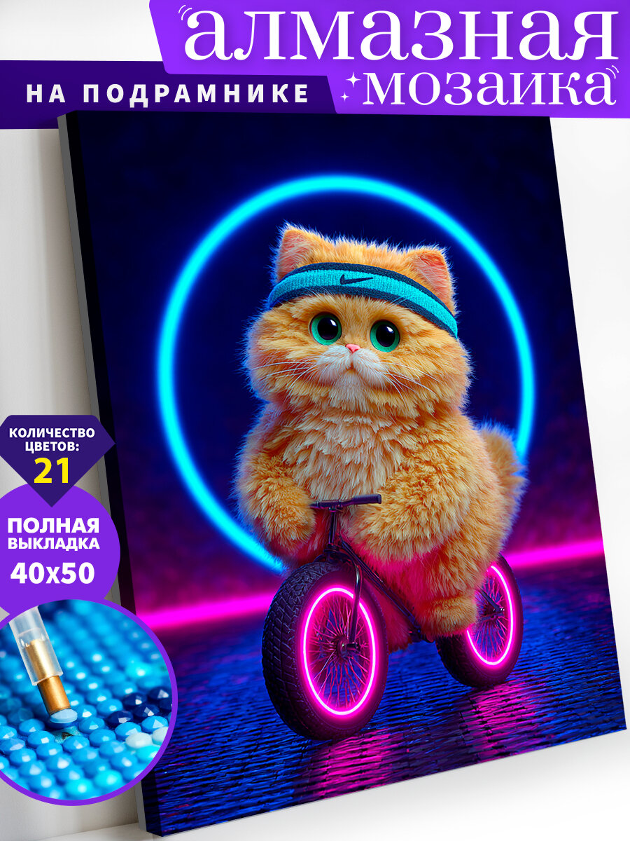 Алмазная мозаика на подрамнике 40х50 см. Спортивный котик. Алмазная вышивка. Картина стразами