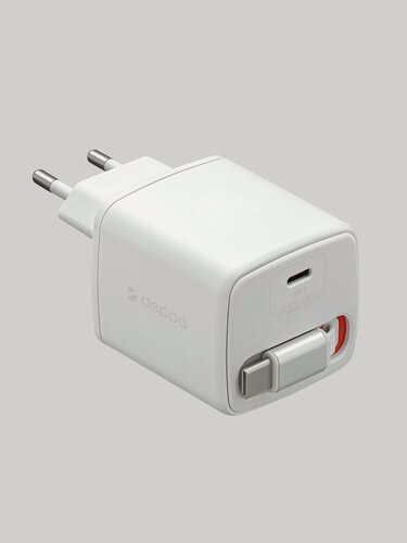 Изображение товара Зарядное устройство для телефона USB-C, с кабелем Type-C 0,8 м, быстрая, PD 3.0, QC 4.0+, 45Вт, GaN, белый, Deppa, 11485