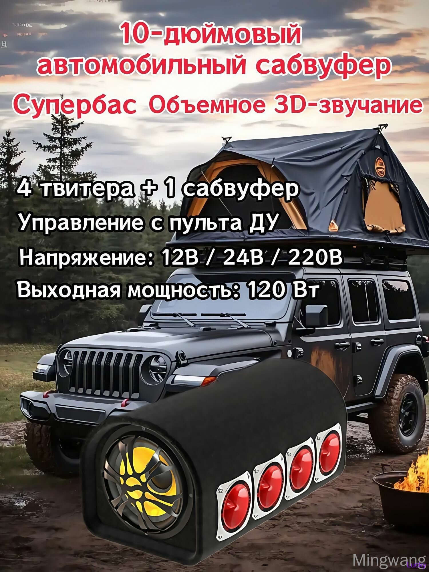 Активный сабвуфер для автомобиля 10" с Bluetooth 5.1, 5 динамиков, 120Вт, универсальное питание 12В/24В/220В, поддержка