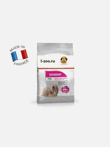Изображение товара Mini Exigent (1 кг). Корм сухой полнорационный для взрослых и стареющих собак мелких размеров (весом от 1 до 10 кг) в возрасте 10 месяцев и старше, привередливых в питании