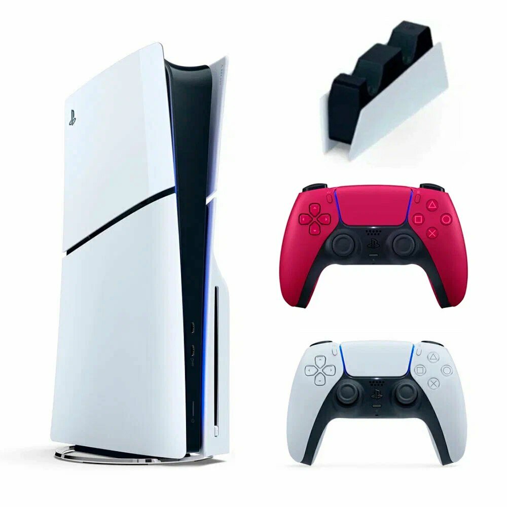 Игровая консоль Sony PlayStation 5 Slim, 2й геймпад (красный) + доп. станция + 2 накладки на стики