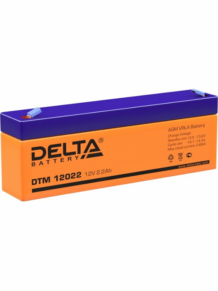 Батарея DELTA серия DTM, DTM 12022, напряжение 12В, емкость 2.2Ач (разряд 20 часов), макс. ток разряда (5 сек.) 34.5А, макс. ток заряда 0.66А, свинцово-кислотная типа AGM, клеммы F1, ДxШxВ 178х35х61мм, вес 1кг, срок службы 6 лет. DTM 12022 Battery DELTA