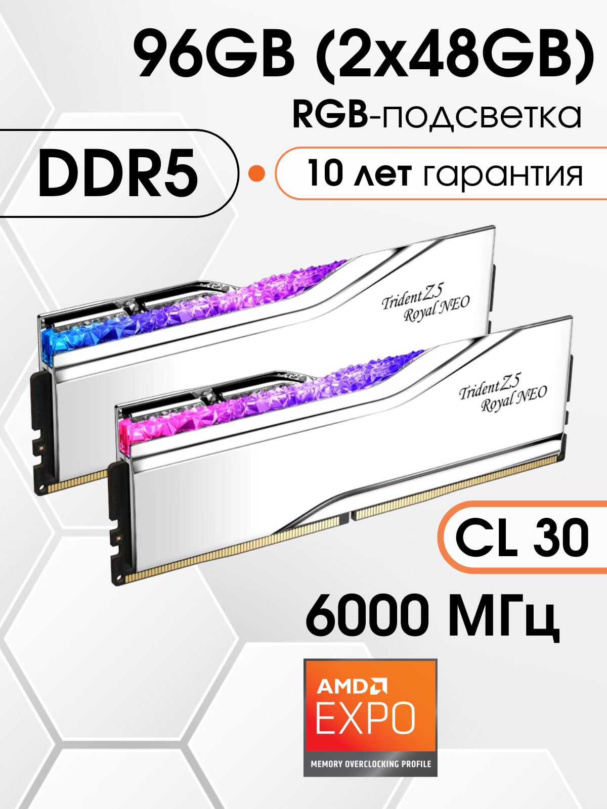 Оперативная память DDR5 G.Skill Trident Z5 Royal Neo 96 ГБ (AMD EXPO) 6000 30-36-36-96 2x48 ГБ F5-6000J3036F48GX2-TR5NS