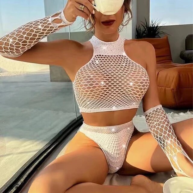 Женский сексуальный, блестящий комплект нижнего белья в сеточку с вырезом, в комплекте с леггинсами со стразами, нижнее белье, костюм стриптизерши, танцевальная одежда, сексуальная одежда.