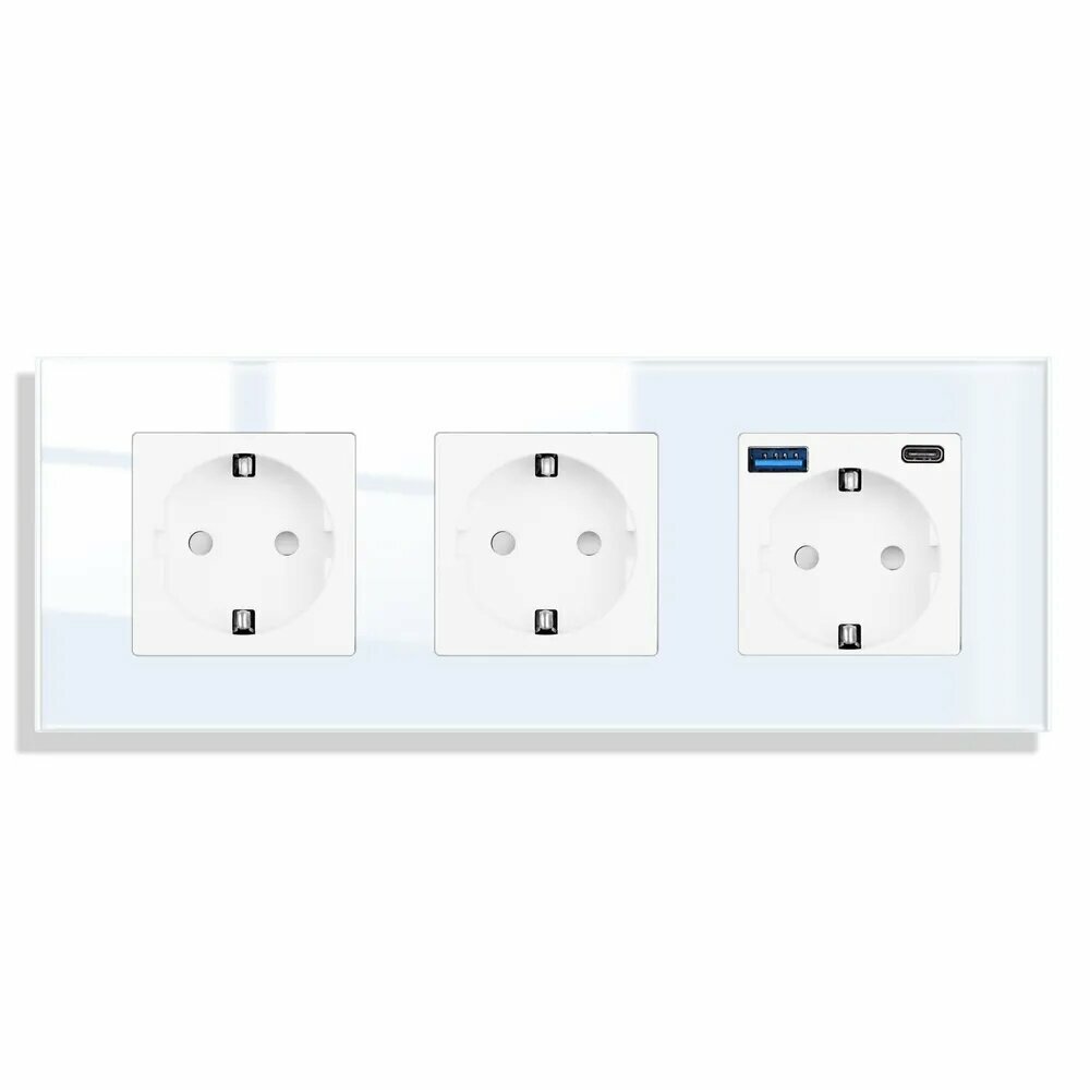 Розетка 3 поста с USB двойная (Type A + Type C) , с заземлением, рамка закаленное стекло из белый,1шт