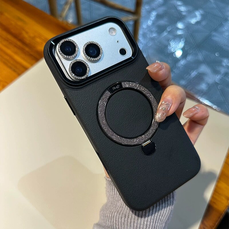 IPhone 17 Pro матовый черный чехол с блестками и стендом, ультра-тонкий и ударопрочный