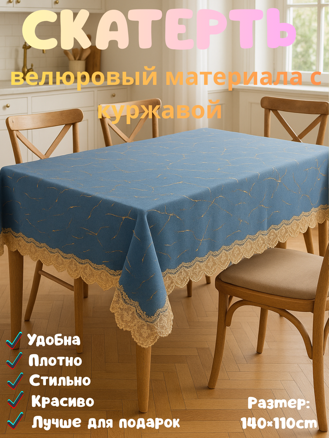 Скатерть пряма угольная с куржавой, евро стиле размер 150Х130 см, 140Х110 см