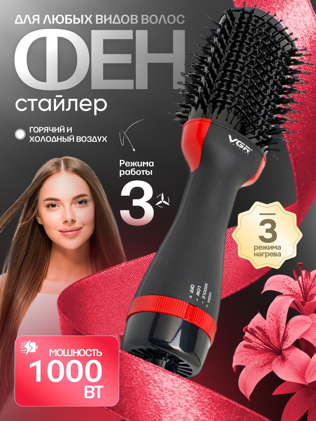 Фен-щетка-расческа VGR V-492, V-415, V-416, щетка для укладки волос, ионизатор