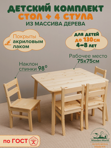 Изображение товара Детский стол и стул деревянный комплект для детей (столик 75х75см+4 стульчика) с лаковым покрытием