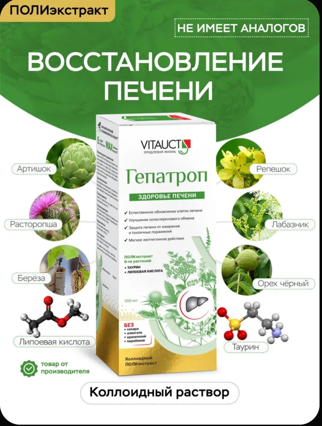 Гепатроп для защиты и питания печени Vitauct, растительный препарат, средства для детоксикации и очишения печени