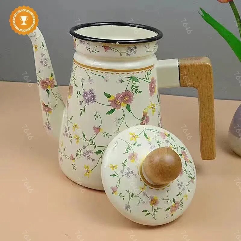 Кофейник эмалированный с цветочным узором, светло-желтый, жаропрочный, 700 г, Китай — фото 1