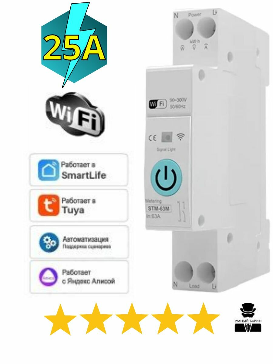Умный автомат-реле WiFi на Din рейку 25A со счетчиком электричества